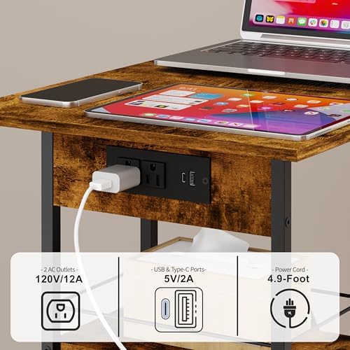 Rolling C-Shaped Side Table with Charging Station, Night Stand with Type-C & USB Port and Outlet for Bedroom, Spacious Coffee Table with Wheels for Living Room, Home Office, Small Space(Large Desktop)