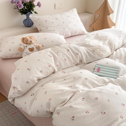 AOJIM Delicate Cherry Duvet Cover Set Twin Size Floral Print Bedding Set 3 Pieces (1 Comforter Cover + 2 Pillowcases), Soft Breathable 100% Cotton Double Gauze Bedding Duvet Cover for Kids & Adults