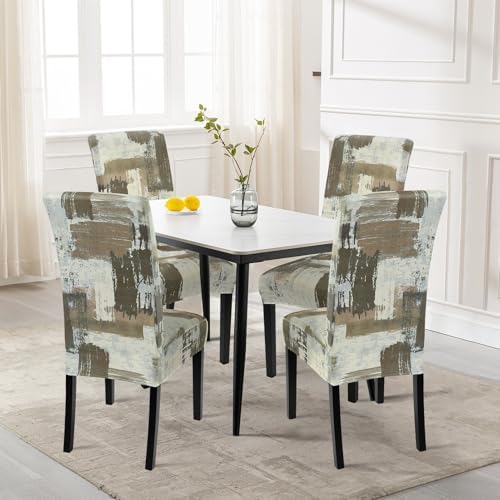 SearchI Dining Room Chair Covers Set of 4, Stretch Printed Floral Parsons Chair Slipcovers Removable Washable Kitchen Chair Protector Cover for Dining Room, Hotel, Ceremony (Brown Abstract Pattern)