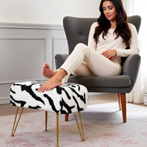 Zebra-Print Rectangle Faux Fur Ottoman 19"x13"x17" Soft Fuzzy Entryway Bench Seat Sturdy Accent Coffee Table for Living Room Makeup Vanity Stool with Golden Legs for Bedroom Closet Foot Rest