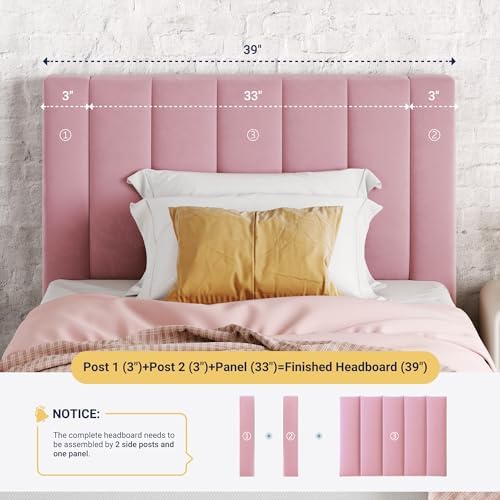 Allewie Twin Bed Frame/Velvet Upholstered Bed Frame with Vertical Channel Tufted Headboard/Strong Wooden Slats/Platform Bed Frame/Mattress Foundation/Box Spring Optional/Easy Assembly/Pink