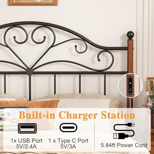 Full Size Headboard with Charger Stations, Vintage Metal Headboard Only
