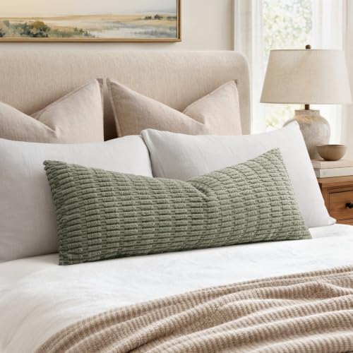 MIULEE Lumbar Corduroy Throw Pillow Cover for Bed 14x36 Light Olive Green