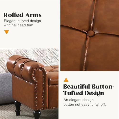 Storage Bed Bench for Bedroom, Faux Leather 67" End of Bed Benches, King Size Bench with Arm, Tufted Button Upholstered Ottoman Bench for Living Room, Entryway, Yellow Brown