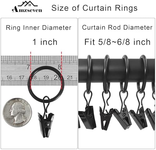 44 Pack Metal Curtain Rings with Clips, 1 in ID, Black