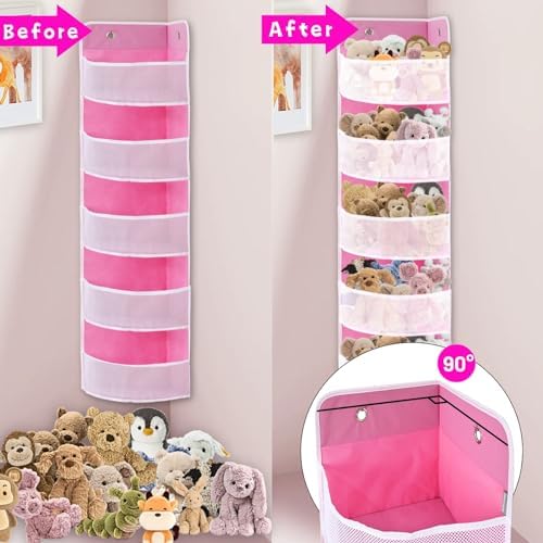 Soft Corner Shelf 5 Tiers | Safe Hanging Organizer | Child-Friendly Wall Mount Storage | for Sundries, Toys, Stuffed Animals, Diapers | for Pantry Closet Bedroom Nursery Organization Pink