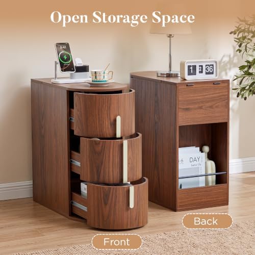 11.8" Narrow Nightstand with Charging Station, Small Bedside Table with 3 Drawers, Modern Skinny End Table for Living Room, Bedroom, Walnut