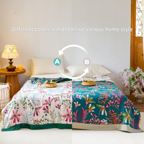 Boho Botanical Throw Blanket for Bed Sofa Decor 60"x80" White/Teal