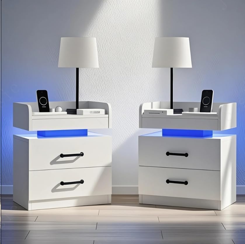 4ever2buy White Nightstand Set of 2 with Charging Station and LED Lights