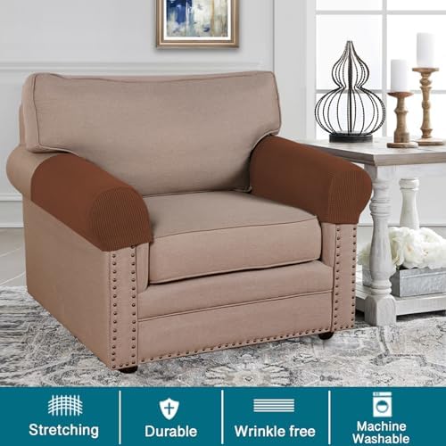 Turquoize Stretch Armrest Covers for Chairs and Sofas Couch Arm Covers for Sofa Spandex Jacquard Armrest Cover Anti-Slip Furniture Protector Armchair Slipcovers for Recliner Set of 2, Caramel