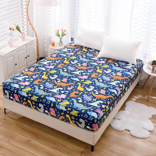 Bedding Fitted Sheet with Deep Pocket,Thicken Printed Fabric Bed Sheets (Navy Blue(Dinosaur), Twin XL)