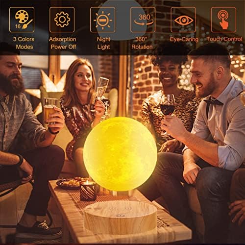 Levitating Moon Lamp, Floating 3D Moon Light Spinning 3 Colors LED Moon Magnetic Levitation Night Lights for Room Office Decoration Cool Gifts