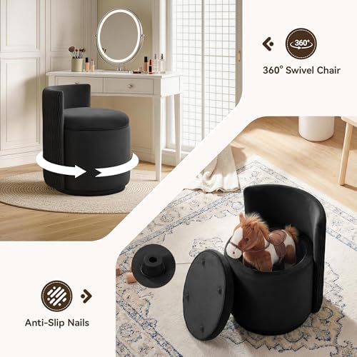 HUBSON Vanity Chair with Storage, Swivel Velvet Chairs with Back, Modern Round Accent Makeup Chair, No Assembly Vanity Stool for Living Room, Bedroom, Dressing, Black