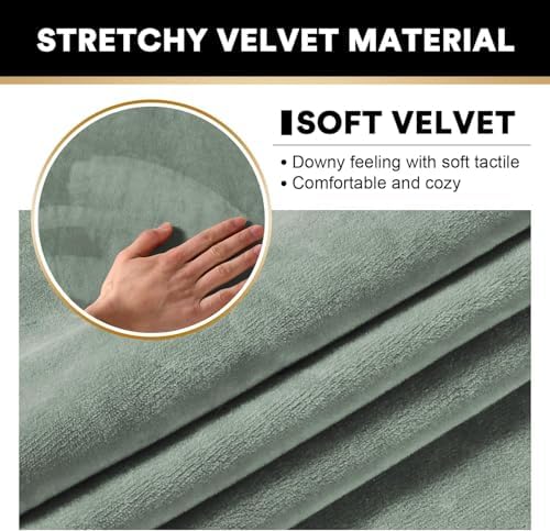 PrinceDeco Velvet Couch Covers for Sofa Soft 4 Pieces Couch Covers for 3 Cushion Couch Sofa Pet Friendly Furniture Protector with Non Slip Elastic Bottom Width Up to 97 Inch (Large Sofas, Sea Grass)