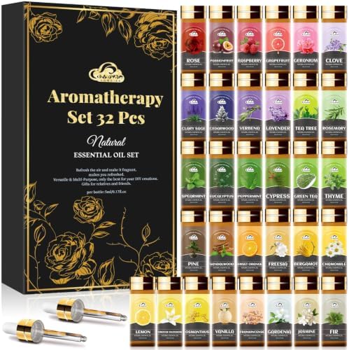 Essential Oil Set, 32 Pcs Fragrance Oils for Diffusers, Home Care, Humidifier Laundry, Candle Making - Tea Tree, Sandalwood, Lavender, Vanilla, Eucalyptus and More(5mL)