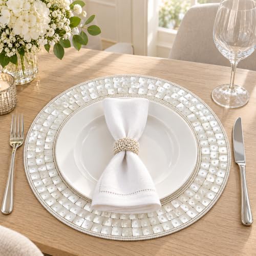 Beaded Placemats Set, 13 Inch Round Handmade Ivory Silver Dining Table Mats
