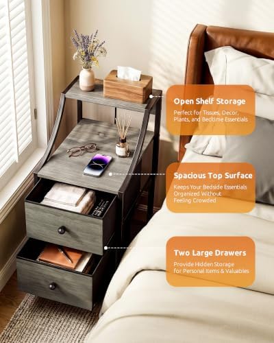 Lazzanto Narrow Nightstand with Charging Station for Bedroom, Dorm