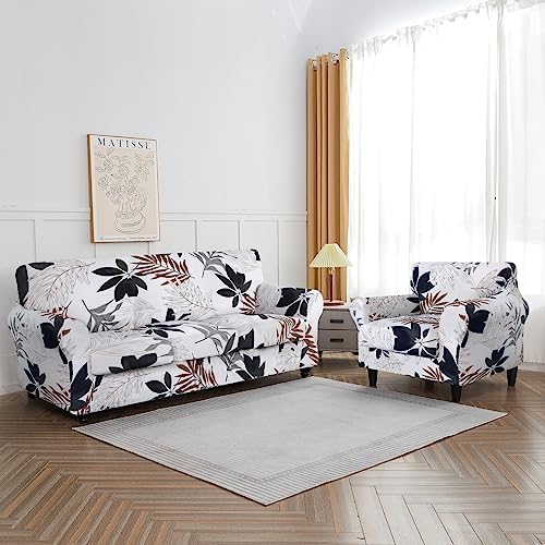 SearchI Stretch Sofa Cover Printed Couch Cover, Floral Pattern 3 Pieces Loveseat Slipcover with 2 Separate Cushion Cover, Washable Furniture Protector for Living Room(Loveseat, Maple Leaf Pattern)
