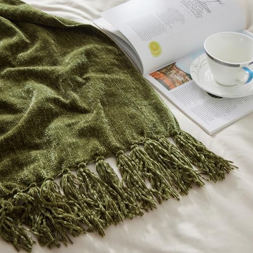 CozeCube Chenille Throw Blanket, Olive Green Fringe Blanket, 50"X60"