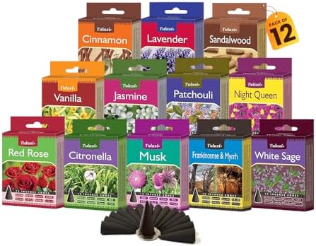 Tulasi Classic Incense Cones with Natural Oils Scents, Set of 12 Fragrances (180 Cones) Calming Home Aromatherapy, Meditation, Relaxing, Mixed Scents with Natural Oils