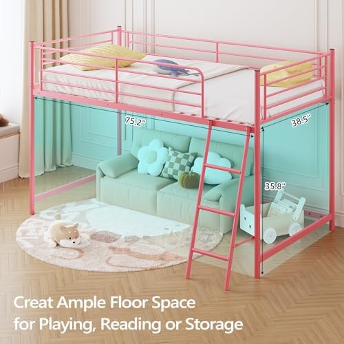 JOYMOR Low Loft Bed with Inclined Ladder, Metal Twin Size Bed Frame with 15” High Guardrail for Boys Girls, Junior, Space Saving, Mattress Not Included (Pink)
