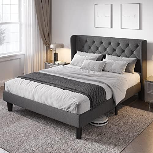 Allewie Queen Bed Frame with Button Tufted Wingback Headboard, Dark Grey