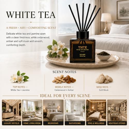 White Tea Reed Diffuser for Home, Airy Clean Hotel-Inspired Scent with Soft Musk, Long-Lasting Home Fragrance with Black Fiber Reeds for Bedroom, Bathroom and Living Room