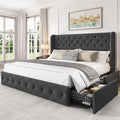 LARMACE King Size Platform Bed Frame with 4 Storage Drawers and 47.2" Tall Tufted Headboard Linen Upholstered Bed Wingback Bed Frame with Wooden Slats Support, Easy Assembly, Dark Grey
