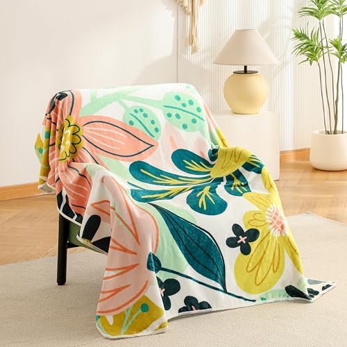Tyrot Boho Floral Flannel Fleece Throw Blanket – Soft, Warm & Lightweight Fuzzy Blanket for Couch, Bed, or Sofa Decor, Cute Botanical Design for Men Women & Girls, 50''x60'', Pink Green