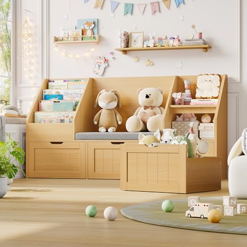 FOTOSOK Kids Bookshelf with Reading Nook, Toy Storage with Seat Cushion