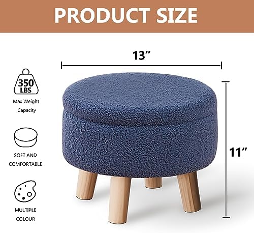 Wimarsbon Storage Ottoman, Modern Round Footrest with Soft Padded Seat, Teddy Velvet Footstool with Wood Legs, Accent Small Table or Plant Stand for Hallway, Living Room (Grey-Blue)