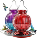 2 Pack Glass Hummingbird Feeder for Outdoors Hanging, Bird Nectar Feeder with Perch & 5 Flower Feeding Ports, 26 Oz Leak Proof for Outside Garden Decor Backyard, Gifts for Women Mom, Red + Purple Blue