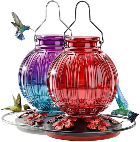 2 Pack Glass Hummingbird Feeder for Outdoors Hanging, Bird Nectar Feeder with Perch & 5 Flower Feeding Ports, 26 Oz Leak Proof for Outside Garden Decor Backyard, Gifts for Women Mom, Red + Purple Blue