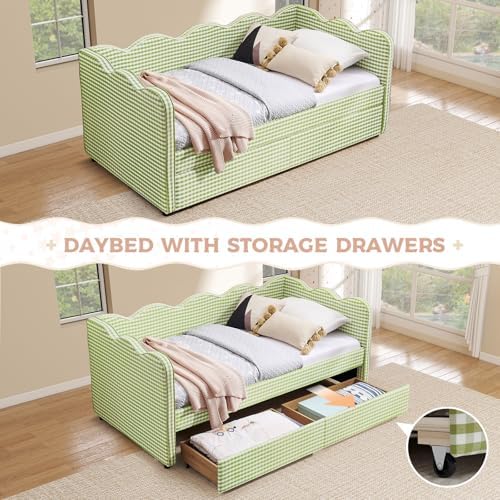 Twin Size Daybed with Storage Drawers, Linen Gingham Daybed with USB Ports & Wave Shaped, Upholstered Day Bed Frame, Modern Sofa Bed for Living Room/Bedroom/Guest Room, No Box Spring Needed, Green