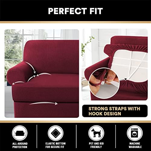 PrinceDeco T Cushion Sofa Slipcover 4 Pieces Sofa Covers for T Cushion Couch Soft Sofa Slip Covers Furniture Protector with 3 Individual T Shape Seat Covers Width Up to 88" Burgundy