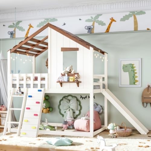 Twin Size House Bunk Bed with Convertible Slide & Ladder, Beige