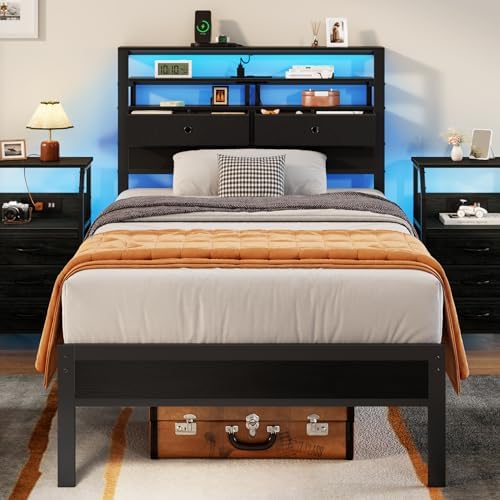 Twin Bed Frames with Charging Station and LED Lights, Black Oak
