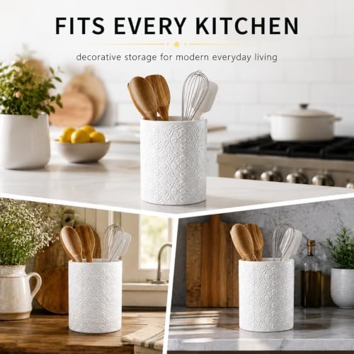 Solidith Cooking Utensil Holder For Countertop, Ceramic Utensil Crock,White