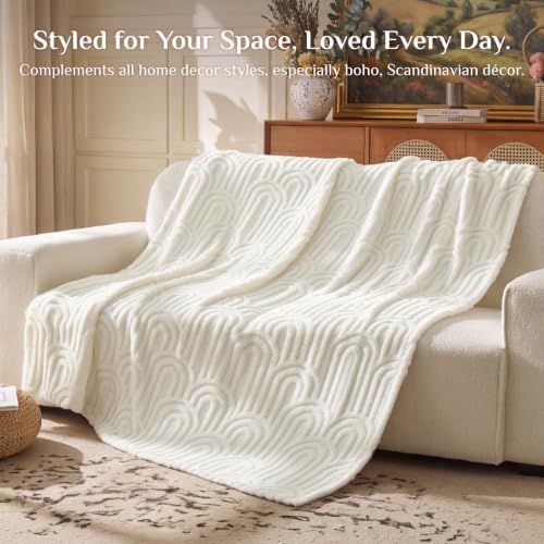 BEDELITE Cream White Boho Fleece Throw Blanket for Couch, 50x60 Inches