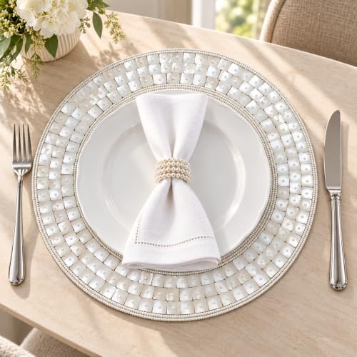 Beaded Placemats Set, 13 Inch Round Handmade Ivory Silver Dining Table Mats