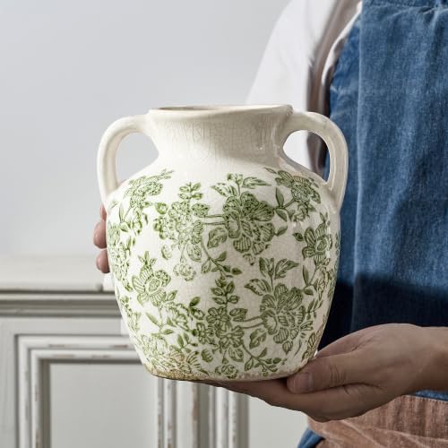 Ceramic Vase with Handles, Vintage Utensil Holder, Flower Decorative Vase Chinoiserie Decor Rustic Farmhouse Retro Floral Vases for Table Bookshelf Mantel Kitchen Living Room Office - 6.7” Green 018