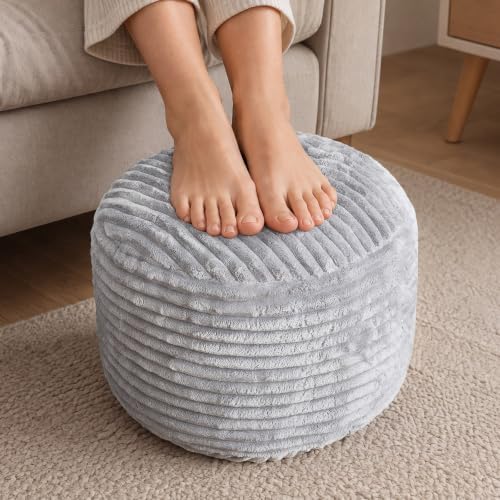 SHOUREN Stuffed Round Ottoman,Pouf Ottoman Foot Rest,18 X 14,Light Grey