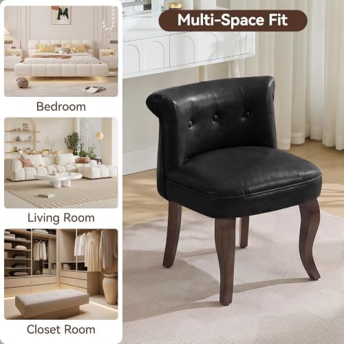 WUTUTUEE Leather Vanity Chair with Back, Tufted Upholstered Vanity Stool with Solid Wood Legs, Mid Century Small Makeup Chair for Vanity, Accent Chair for Bedroom, Living Room, Black