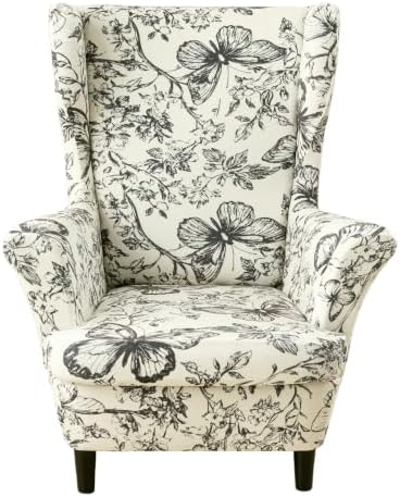 HZDHCLH Wingback Chair Slipcover 2 Piece Plush Velvet Stretch Wingback Chair Cover Washable Black Butterfly Wildflower Print Furniture Protector for Living Room Bedroom Hotel