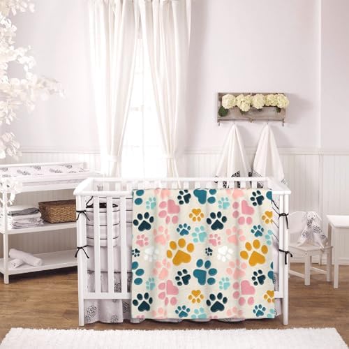 Colorful Dog Animals Paws Fleece Throw Blanket Ultra Soft Cozy Pet Animal Lover Gift Decorative Flannel Blanket for Home Bed Couch Chair Travel 50x40in