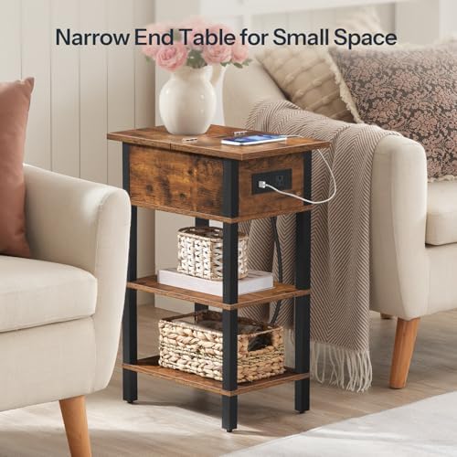 HOOBRO End Table with Charging Station, Flip Top Side Table with USB Ports, Narrow Nightstand Bedside Tables with Storage Shelves, for Small Space, Living Room, Rustic Brown and Black BF141UBZ01