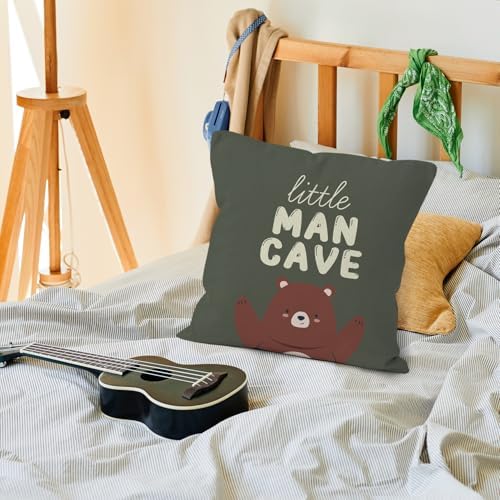 Bear Nursery Decor Throw Pillow Covers 18x18, Little Man Cave Decorative Pillow Covers for Kids Boys Bedroom Room Playroom, Boys Room Decor Accent Pillows Cover Pillowcases