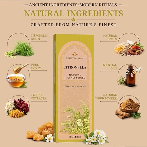 Pure Citronella Incense, 8 Inch - 100 Sticks, Natural Incense Stick for Outdoor Patio Camping, No Charcoal Clean Burning, Organic Incense Non Toxic Insence