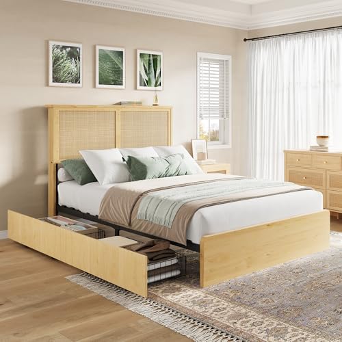 coucheta Bohemian Full Rattan Bed LED Natural Headboard Bedroom