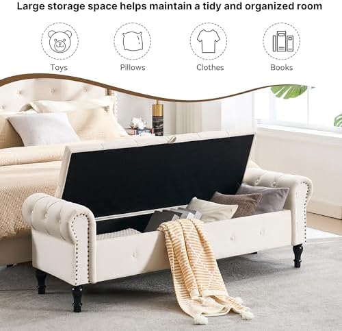 Storage Bench 67" Velvet End of Bed Benches Cream Beige
